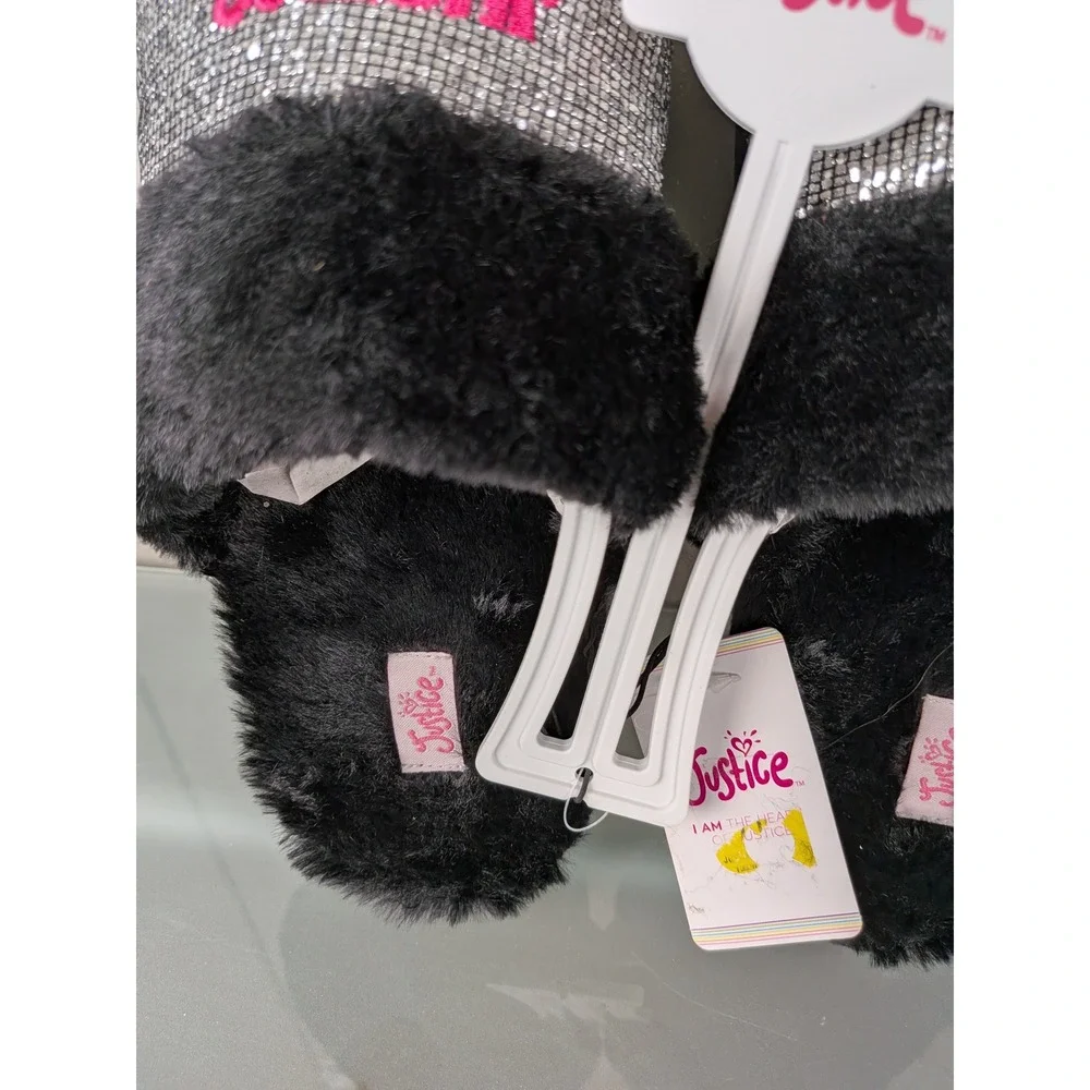 Justice Girls Silver Rhinestone Black Faux Fur Slippers Pink Logo Size 6 NEW